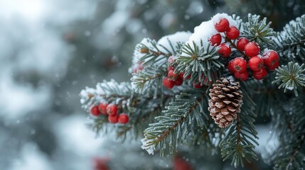 Close-up of a snowy pine branch decorated with red berries and a pine cone in winter. Perfect for Christmas cards, holiday backgrounds, seasonal designs, and festive decorations.