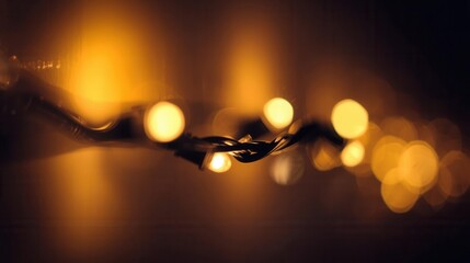 Close-up of glowing warm string lights with golden bokeh effect in the background. Perfect for Christmas, New Year, weddings, parties, greeting cards, posters, banners, and festive holiday designs.