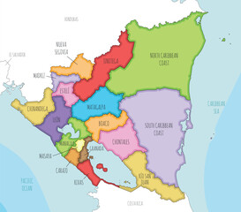Obraz premium Vector illustrated map of Nicaragua with departments and autonomous regions, and neighbouring countries and territories. Editable and clearly labeled layers.