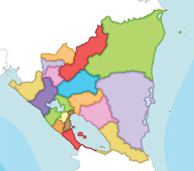 Vector illustrated blank map of Nicaragua with departments and autonomous regions, and neighbouring countries and territories. Editable and clearly labeled layers.