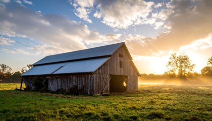 Rustic wooden barn at sunrise