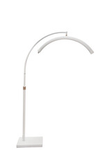 A sleek, white LED floor lamp with an arched design, set against a plain white backdrop.
