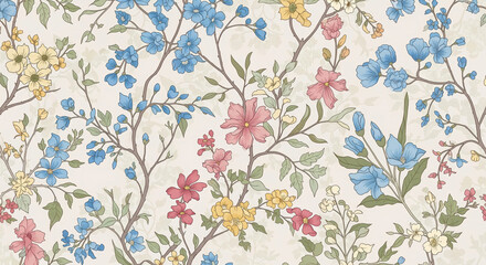 Elegant seamless pattern featuring delicate blue, pink, and yell