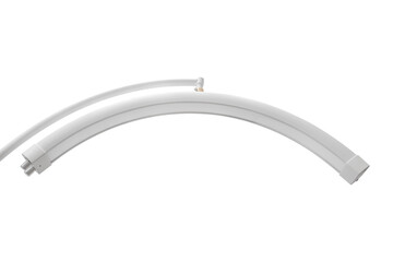 Minimalist white arc-shaped LED floor lamp, isolated on a clean white surface.