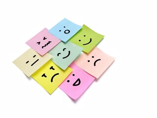 Happy, neutral, sad and angry emoji on colorful sticky note paper. mental health concept, mood swings, depression, and bipolar disorder. Copy space