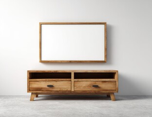 Light-brown wooden TV stand with blank framed art
