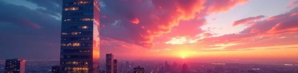 Sleek glass tower, sunset hues, glowing windows , city, contemporary, illuminated windows
