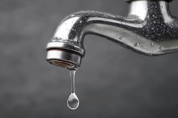 Dripping faucet with water droplets on a gray background