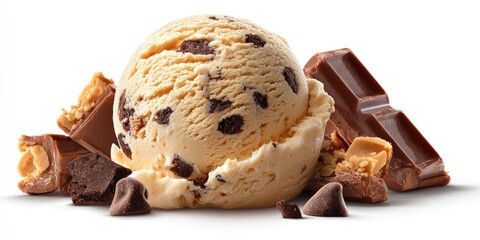 Creamy, light-brown ice cream scoop surrounded by chocolate chunks and pieces