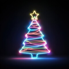 Colorful Neon Glowing Christmas Tree Outline with Star Decoration
