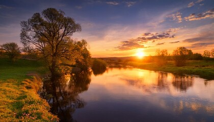 Serene Sunset River Landscape Golden Hour Water Reflection