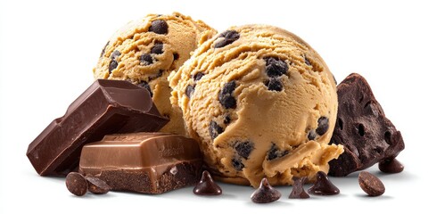 Creamy, golden brown chocolate chip ice cream scoops with dark chocolate chunks and pieces