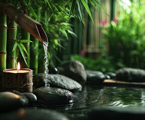 Tranquil bamboo water feature with candle