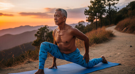Active senior man performing a crescent lunge yoga asana outdoors on a mountain trail during a vibrant sunset, embodying vitality and tranquility