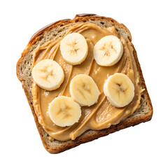 Delicious slice of whole wheat toast with creamy peanut butter and fresh banana slices isolated on transparent background