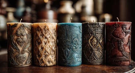 Four decorative candles in various colors, displaying intricate patterns