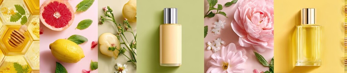 Colorful Cosmetic Display with Fruits, Flowers, and Bottles