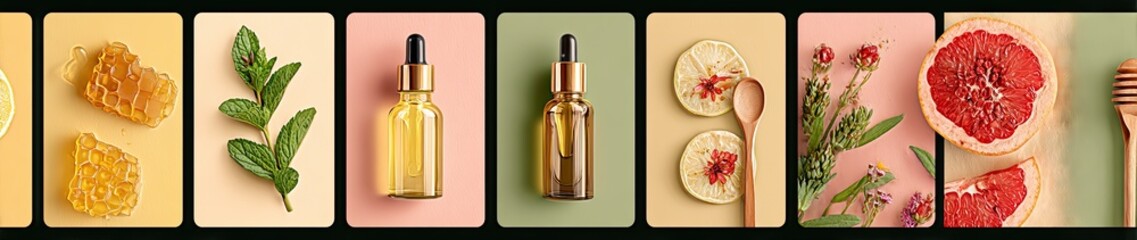 Natural skincare and wellness products displayed on pastel-colored backgrounds, featuring honey, mint, grapefruit, and botanicals