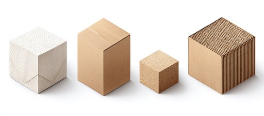 Four isometric cardboard boxes of varying sizes, light beige and off-white