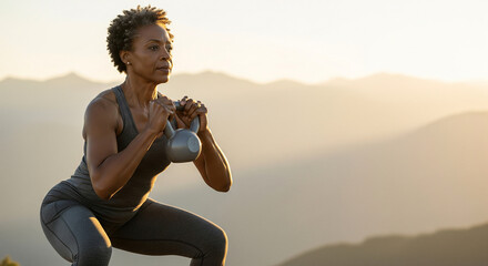 Empowered active senior woman building strength with a kettlebell goblet squat, exercising in nature with a majestic mountain view at sunrise