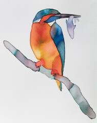 Colorful watercolor painting of a bird kingfisher catching a fish in a serene landscape
