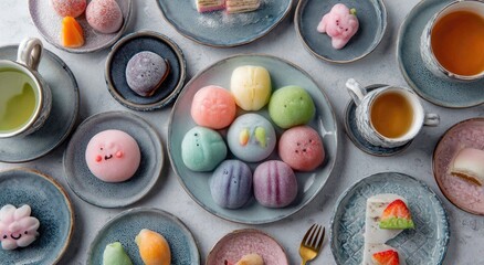 Colorful, kawaii mochi and desserts arranged on plates, with tea