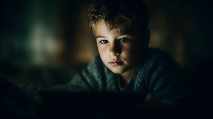 Young boy focused on tablet in dimly lit room absorbing digital content