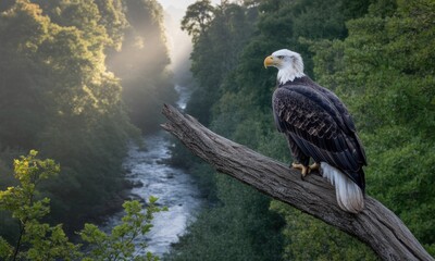 Majestic bald eagle perched atop a weathered log, overlooking a misty valley river, bathed in morning sunlight