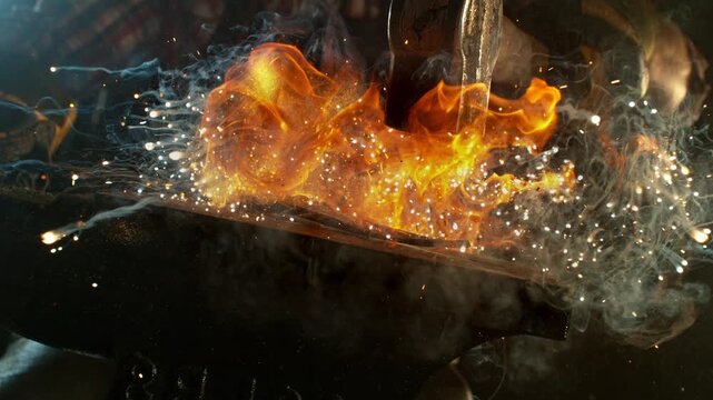 Close-up of blacksmith forging glowing hot iron on anvil with flying sparks. Super slow motion filmed on high-speed cinema camera at 1000 fps