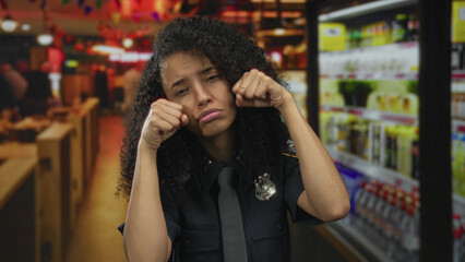 Young hispanic police officer in dark blue uniform with badge pressing fists against eyes in...