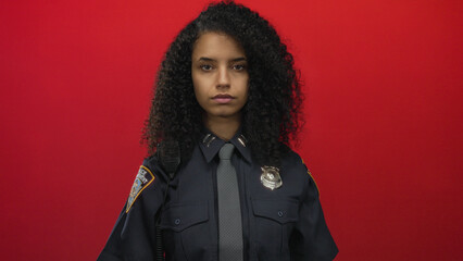 Young hispanic woman police officer stands in uniform against isolated red background wall exuding confidence. © Krakenimages.com