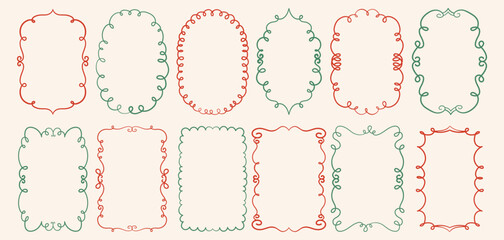 Hand Drawn Doodle Christmas Vintage Frames Set. Christmas and New Year Holiday Border Frames. Quirky Merry Christmas Line Art Frames
