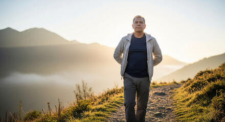 Mature man walking on a scenic mountain trail during a beautiful sunrise, embracing an active and healthy outdoor lifestyle