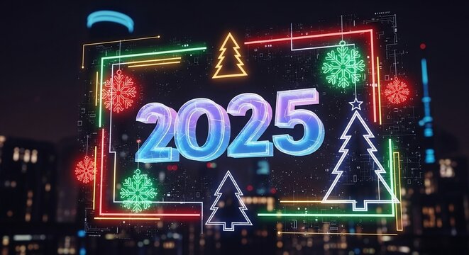 Vibrant neon 2025 sign with Christmas trees and snowflakes against a blurred city night background, celebrating New Year.