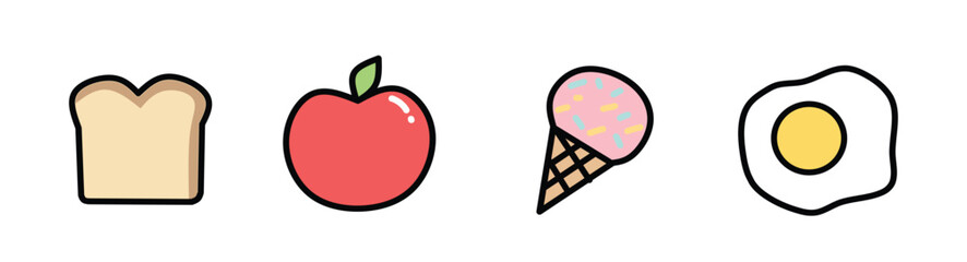 A Colorful Assortment of Food Icons Bread, Apple, Ice Cream, and Fried Egg for Design