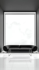 A sleek, dark gray minimalist interior featuring a curved black sofa, glass coffee table, and massive, bright square window. Modern and monochromatic design
