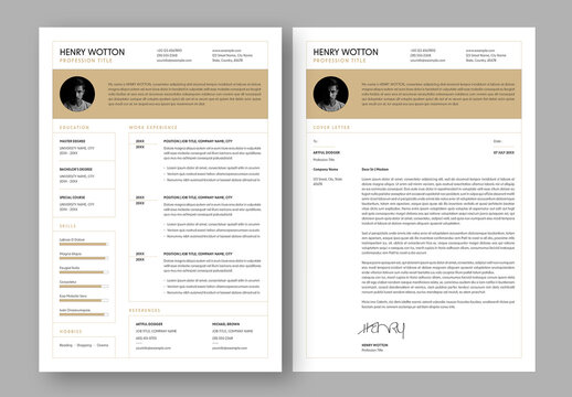 Resume and Cover Letter Layout with Golden Accents