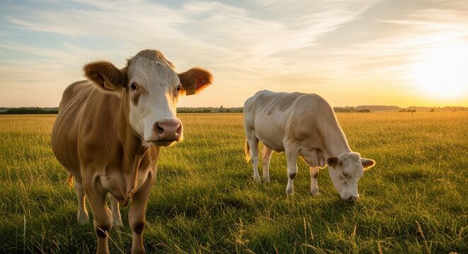 Two dairy cows grazing in lush green pasture during golden hour. One cow in foreground looks at camera while another grazes nearby. Perfect for agricultural and farming projects.
