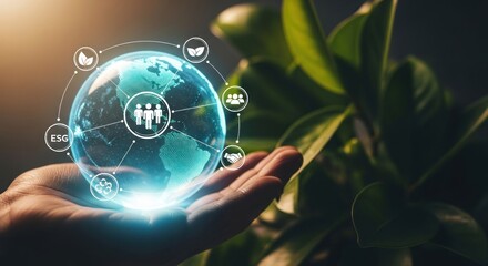 Hand holding a glowing, holographic Earth with ESG and sustainability icons