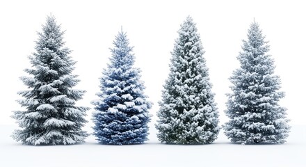 Fototapeta premium Four snow-covered evergreen trees on white background. Each conifer displays thick layers of pristine snow on branches, creating beautiful winter specimens. Perfect for holidays.
