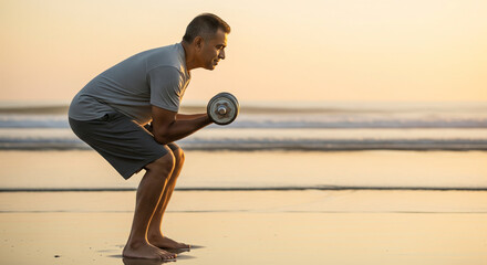 Mature man exercising with dumbbell on the beach at sunset, embracing an active and healthy senior lifestyle with strength training