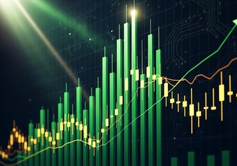 Naklejka premium Abstract financial bar chart with upward trend and glowing green lights, representing economic growth and investment success