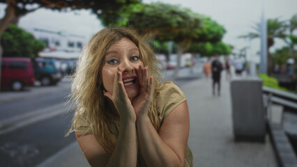Woman cupping hand to mouth shouting on busy city street near parked vans and palm trees with blurred pedestrians; urgent plea.