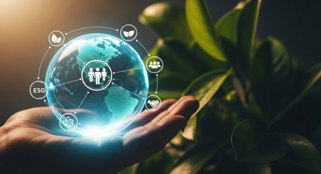 Hand holding a glowing, holographic Earth with ESG and sustainability icons