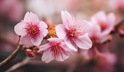 Delicate pink cherry blossoms in soft focus, close-up