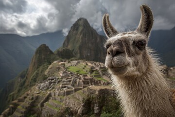 Obraz premium Exploring the Awe of Lama in the Ancient City of Machu Picchu: An Adventure in the Andes