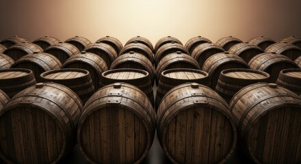 Rows of wooden wine barrels in cellar storage. Oak barrels feature rich brown tones and metal hoops, creating classic wine storage atmosphere. Perfect for winery marketing and luxury alcohol concepts.