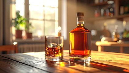 Amber Whiskey Bottle and Glass with Ice on Wooden Table in Warm Sunlight