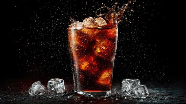 Soda glass with ice and splashing liquid