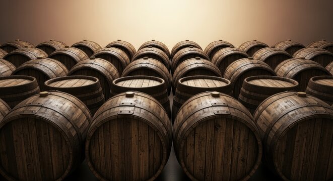 Rows of wooden wine barrels in cellar storage. Oak barrels feature rich brown tones and metal hoops, creating classic wine storage atmosphere. Perfect for winery marketing and luxury alcohol concepts.